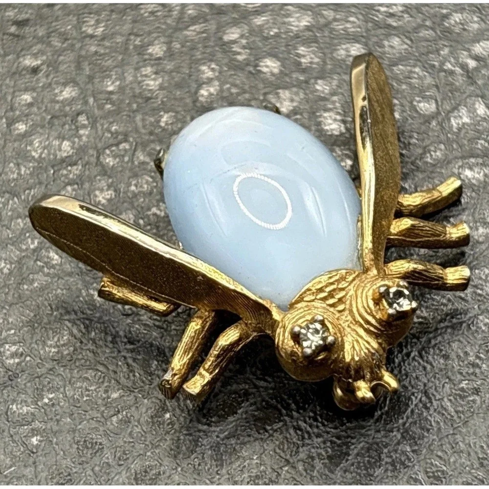Vintage Jelly Belly Bee Insect Brooch Faux Moonstone Cabochon Crystal Rhinestone